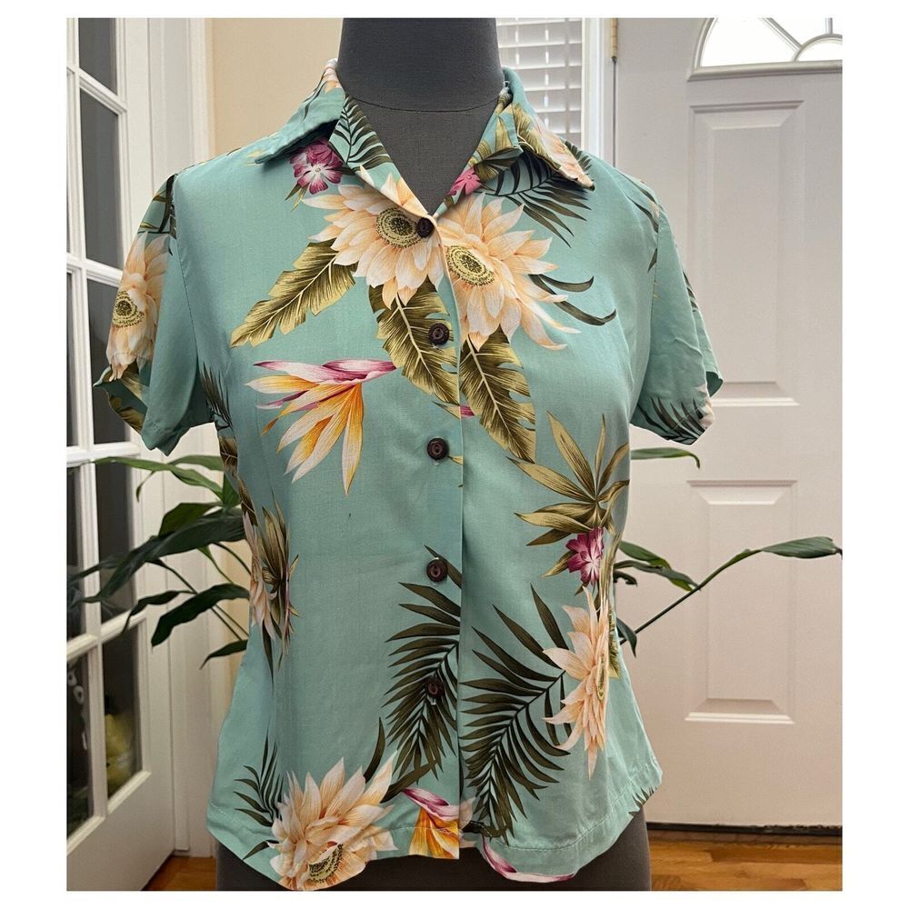 Two Palms Women's Tropical Floral Print Coconut Button Blouse XS Hawaii Resort